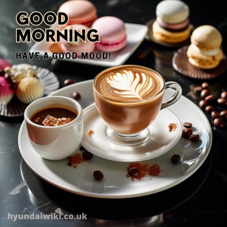 Good morning with coffee picture macarons gratis